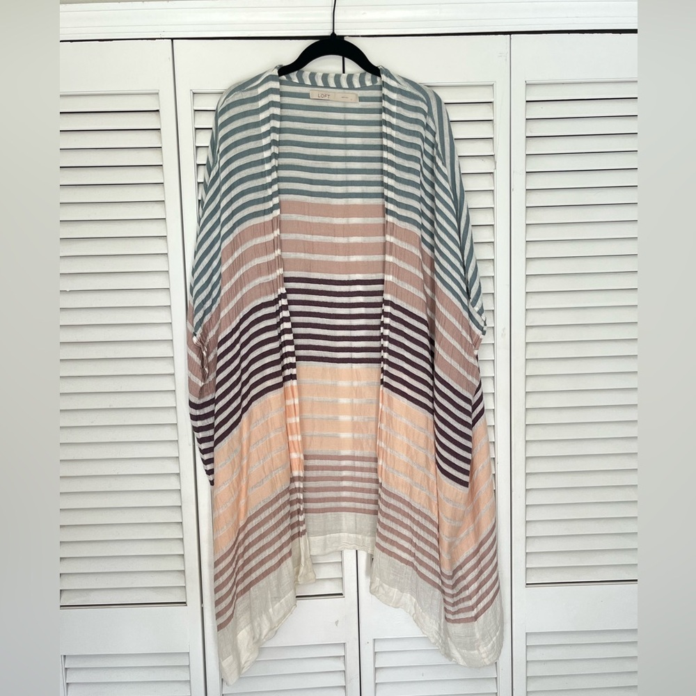 LOFT Blue and White Striped Lightweight Kimono Cardigan Sz: OS
